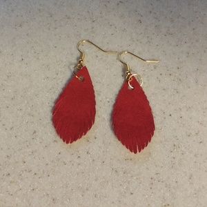 NEW Red, teardrop, feather earrings, gold accents